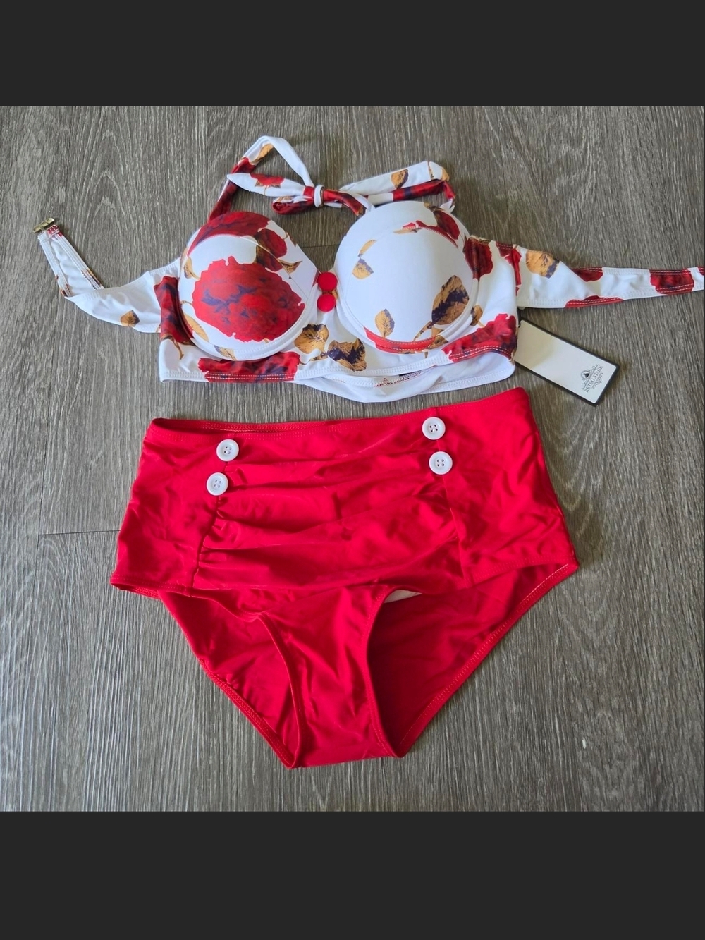 Floral White & Red High-Waist Bikini Set